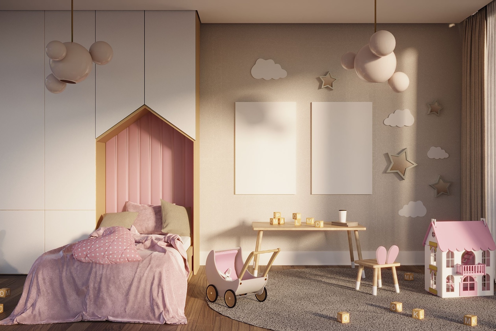 nursery bedroom with a small bed with pink bed sheets, kid table and a kid chair, kid toy house and clouds and stars on the walls