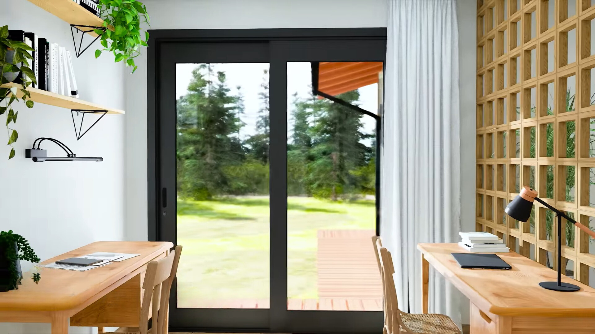 office area with two wooden desks, two chairs and glass doors