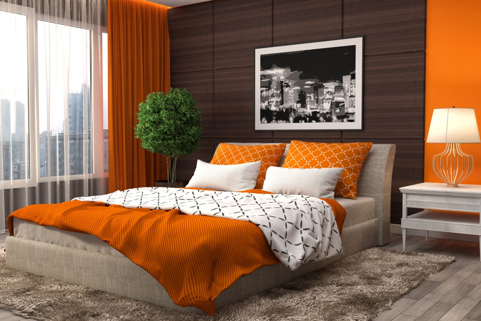 bedroom with orange and brown walls, bed with orange and white bed sheets, white and orange flowy curtains, a city skylight artwork above the bed, plant in the corner of the room and a bedside table with a lamp