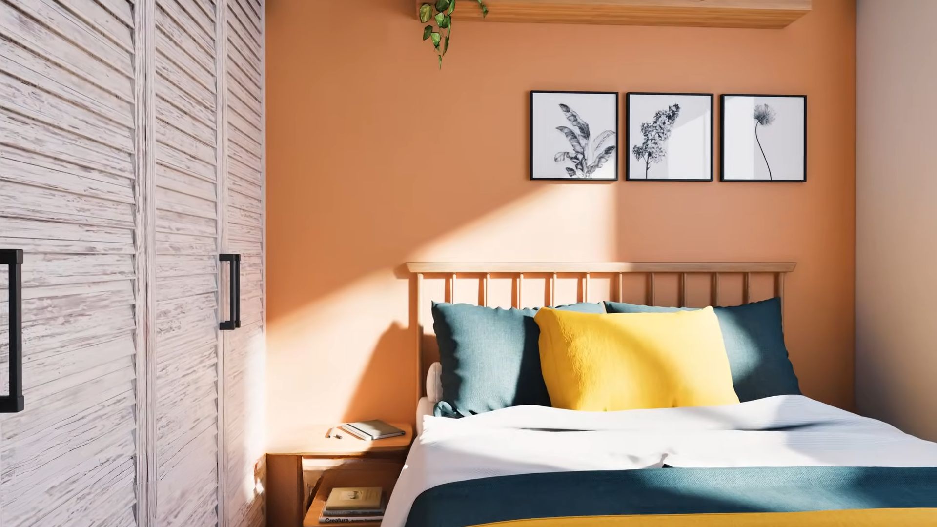 Mater bedroom with an orange wall and built in wardrobe