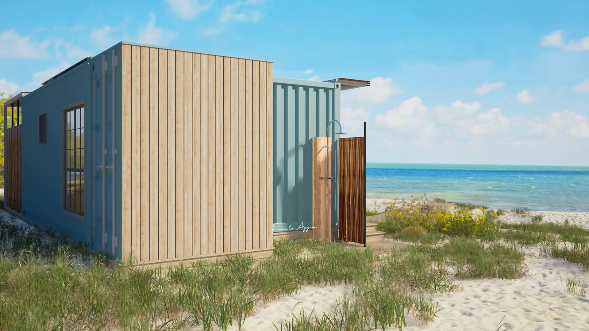 outdoor shower of a container house at the beach