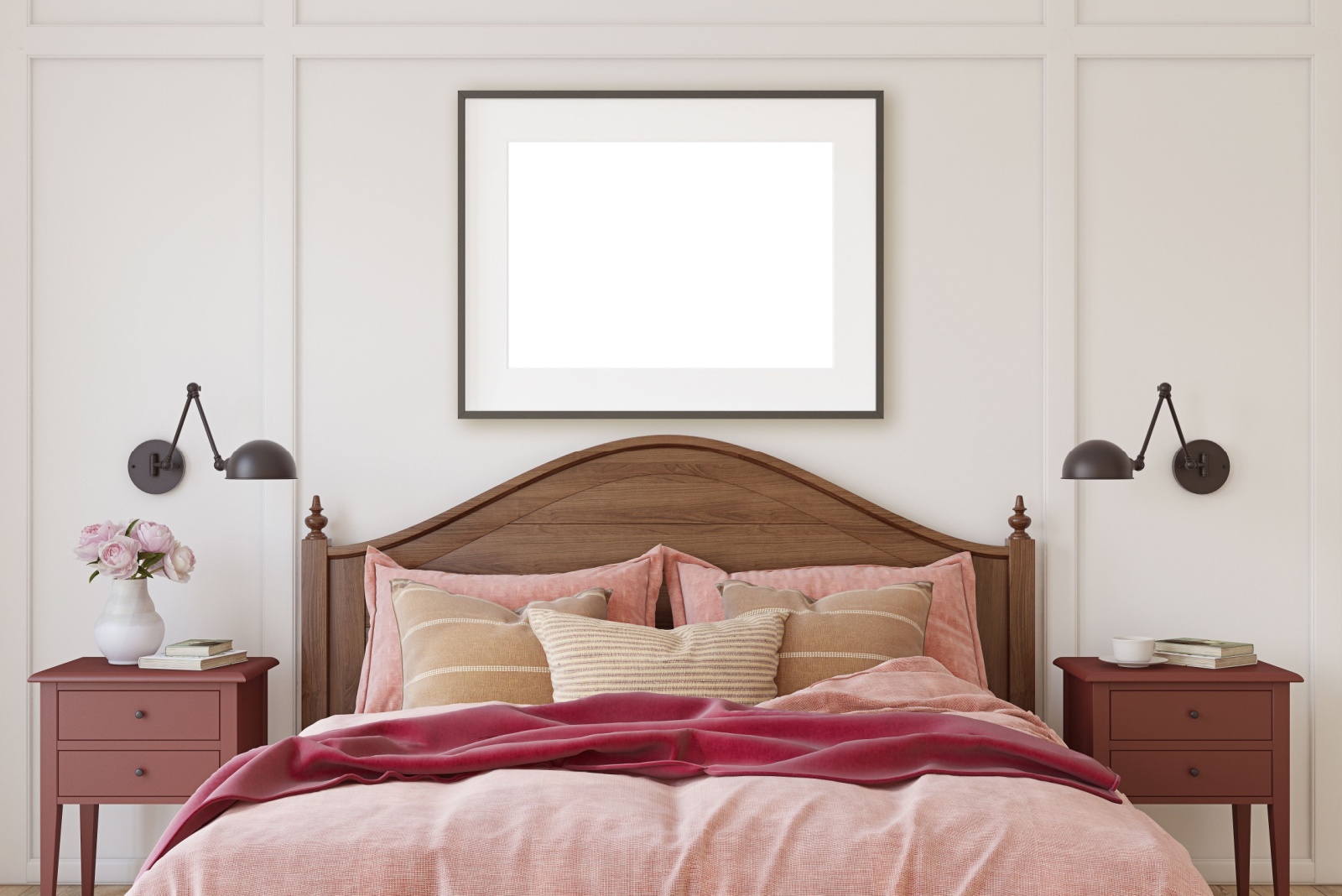 bedroom with pink bedsheets and a brown, wooden bed frames, maroon bedside tables with pink roses in a white vase on one table and books on both, art piece above the bed and two black lamps on both sides of the bed