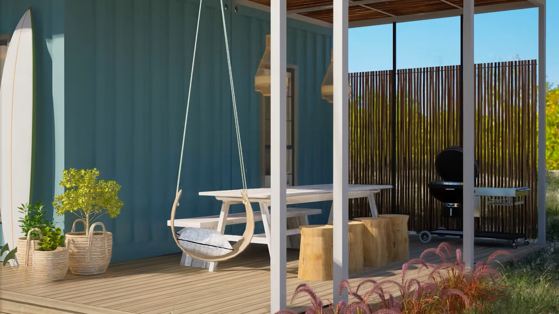 porch of a container house at the beach with a white dining table, bench and four wood logs, black grill and a swing