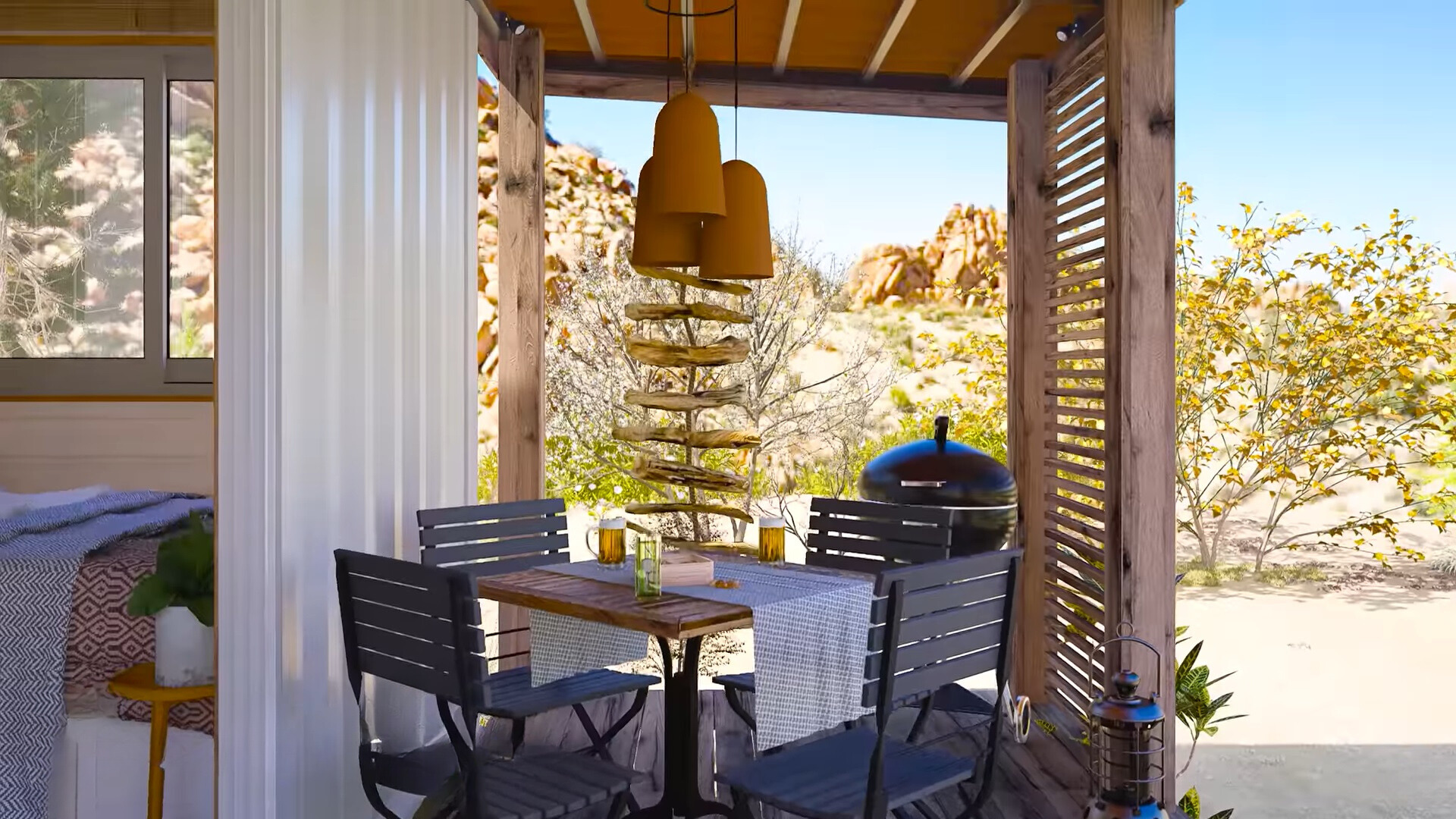 porch with a black grill, an outdoors dining table and black chairs