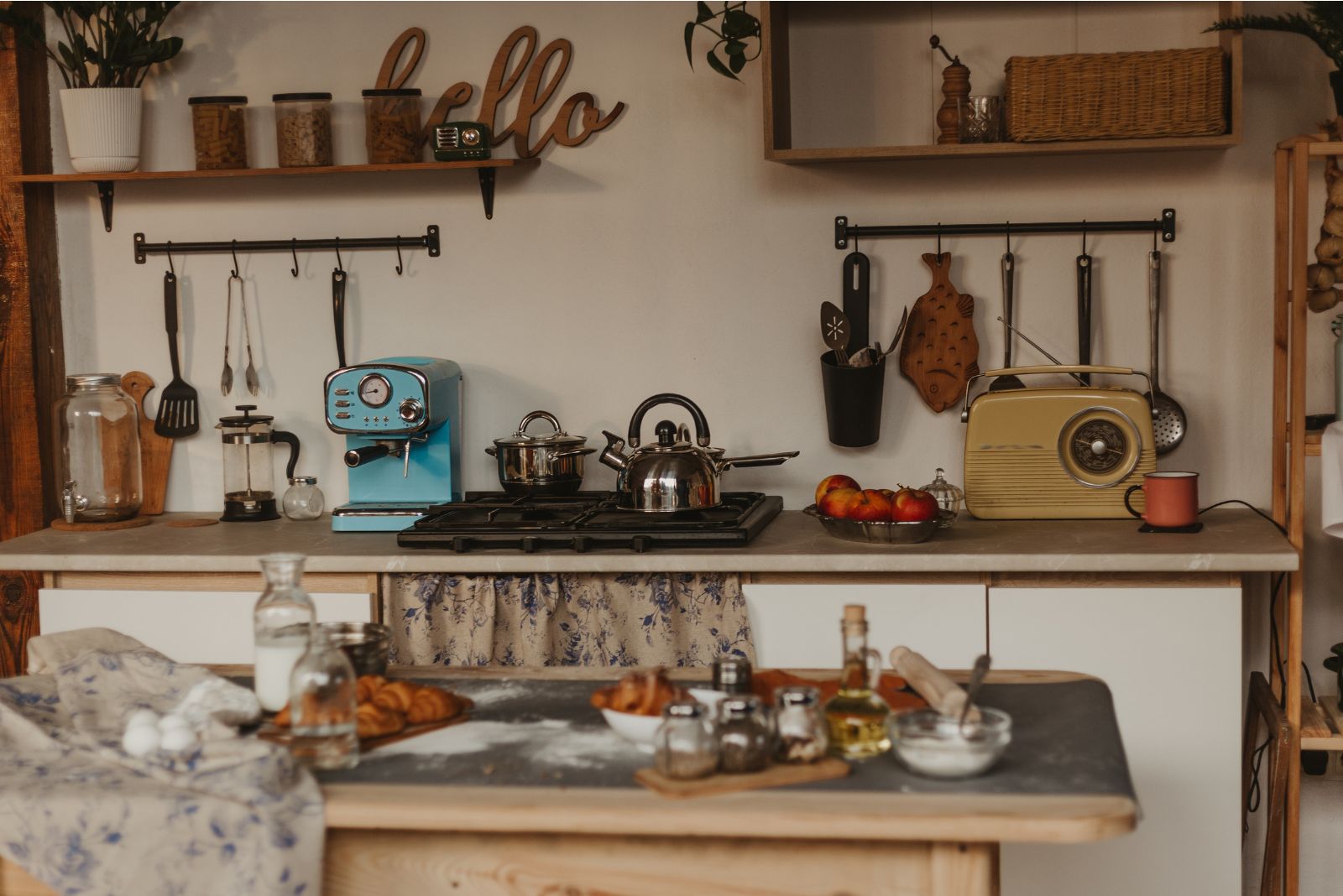 Retro kitchen with a radio and a blue coffee machine