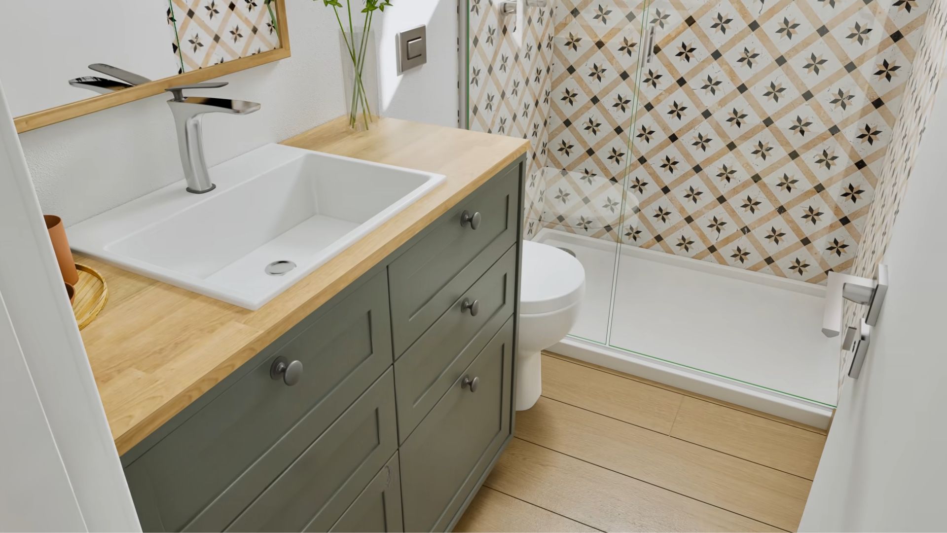 second bathroom with a walk-in shower, cool tiles inside, and a big, sage green vanity next to it