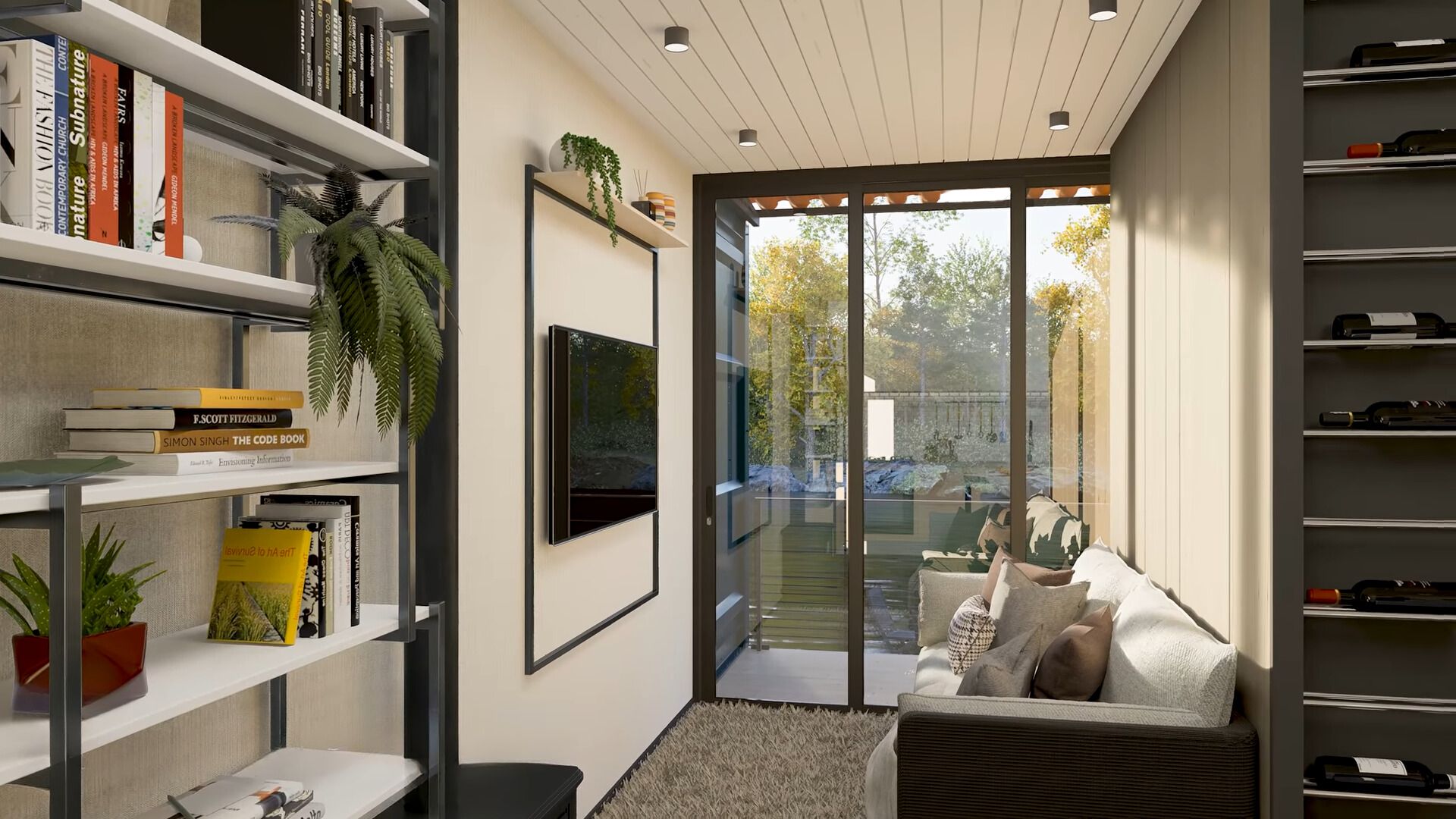 Tiny living room with a balcony and a view on the lake