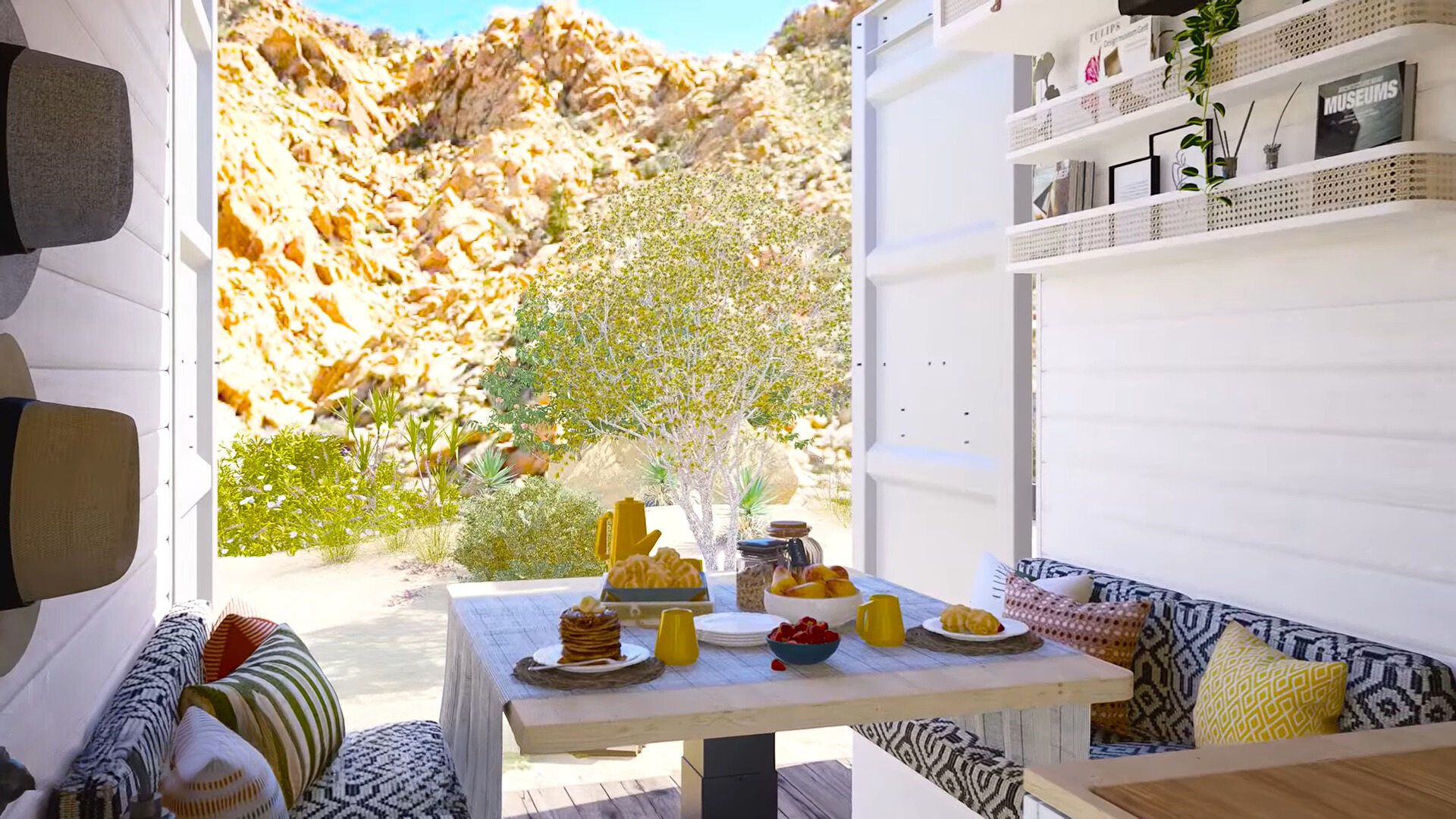 two couches opposite each other, a table in between, a shelf above the couch