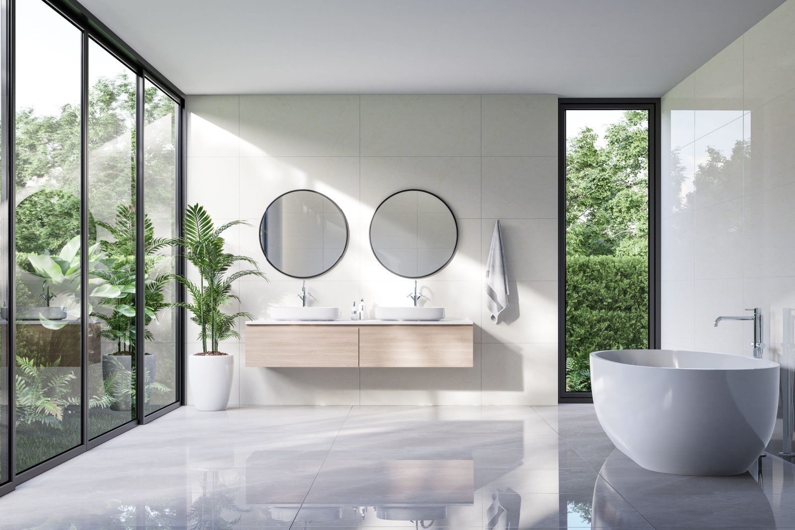 bathroom with a white tiled floor and white tiled walls, white bathtub, two round mirrors above the two white sinks and floor to ceiling windows