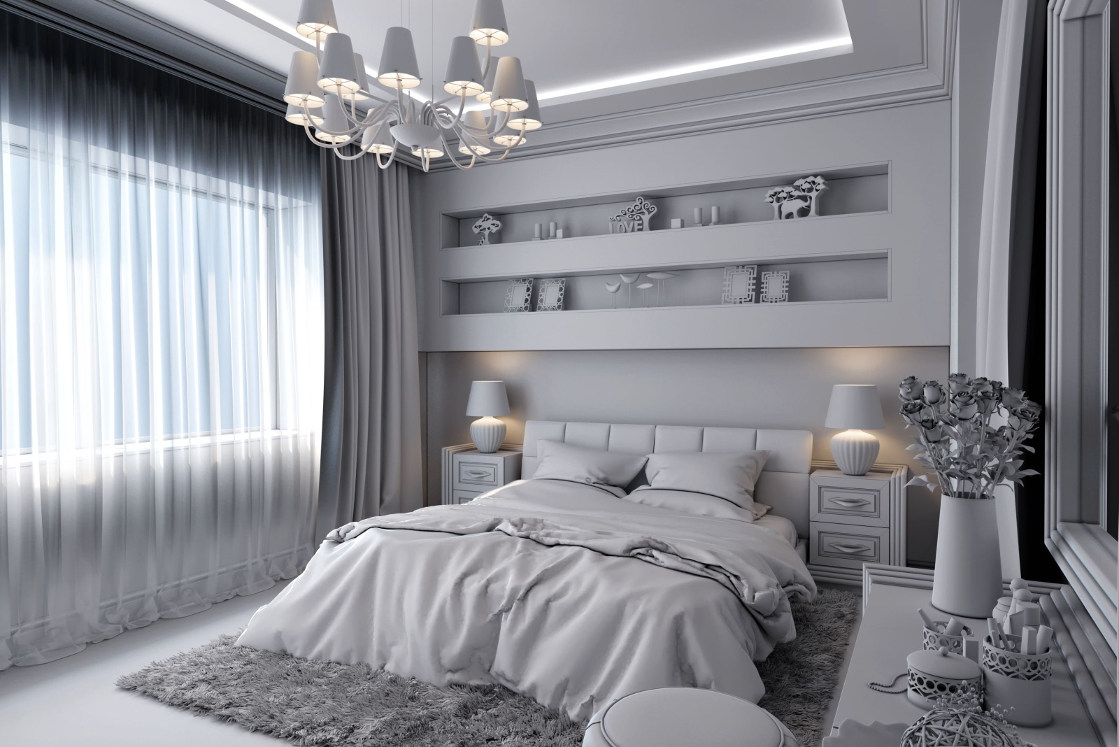 white bedroom with a white bed, white bed frame, white cabinet, white flowy curtain, white bedside tables with white lamps, white chandelier, white built-in shelves