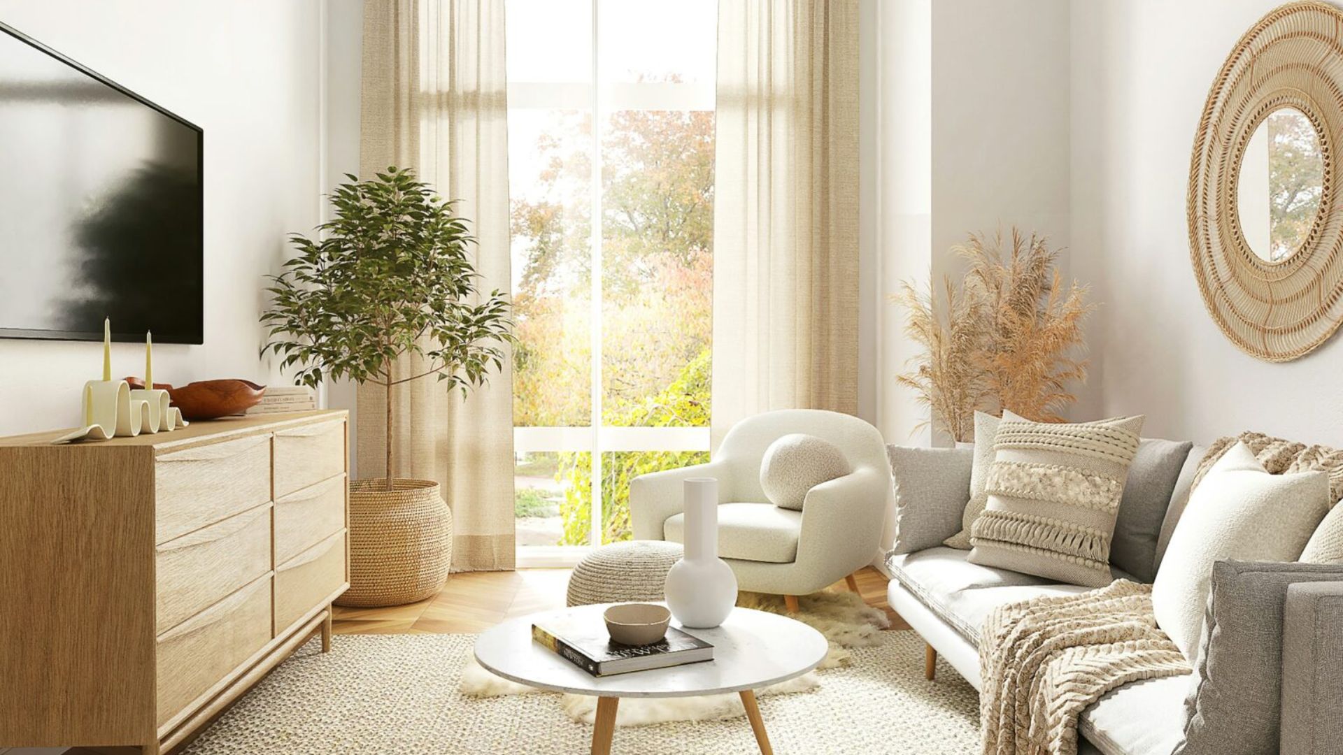 living room with white walls, floor to ceiling windows, white couch and a white sofa, round white tables, light brown cabinet, flat-screen tv