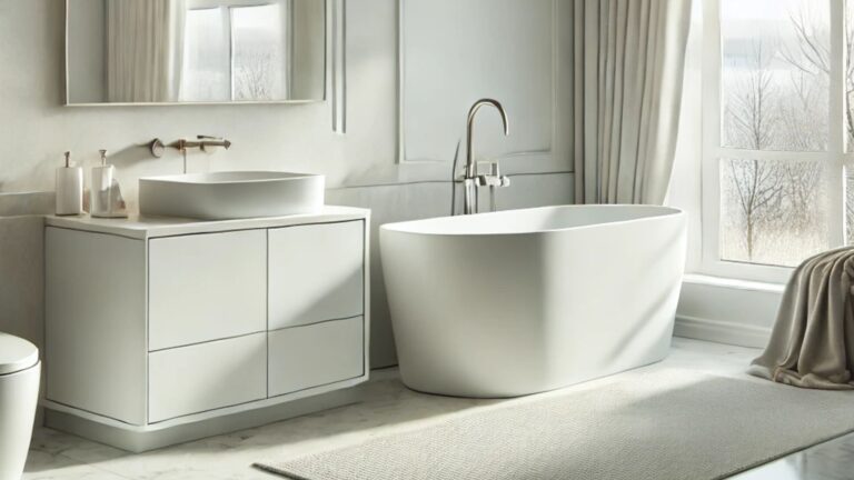 white bathroom with a sleek bath tub