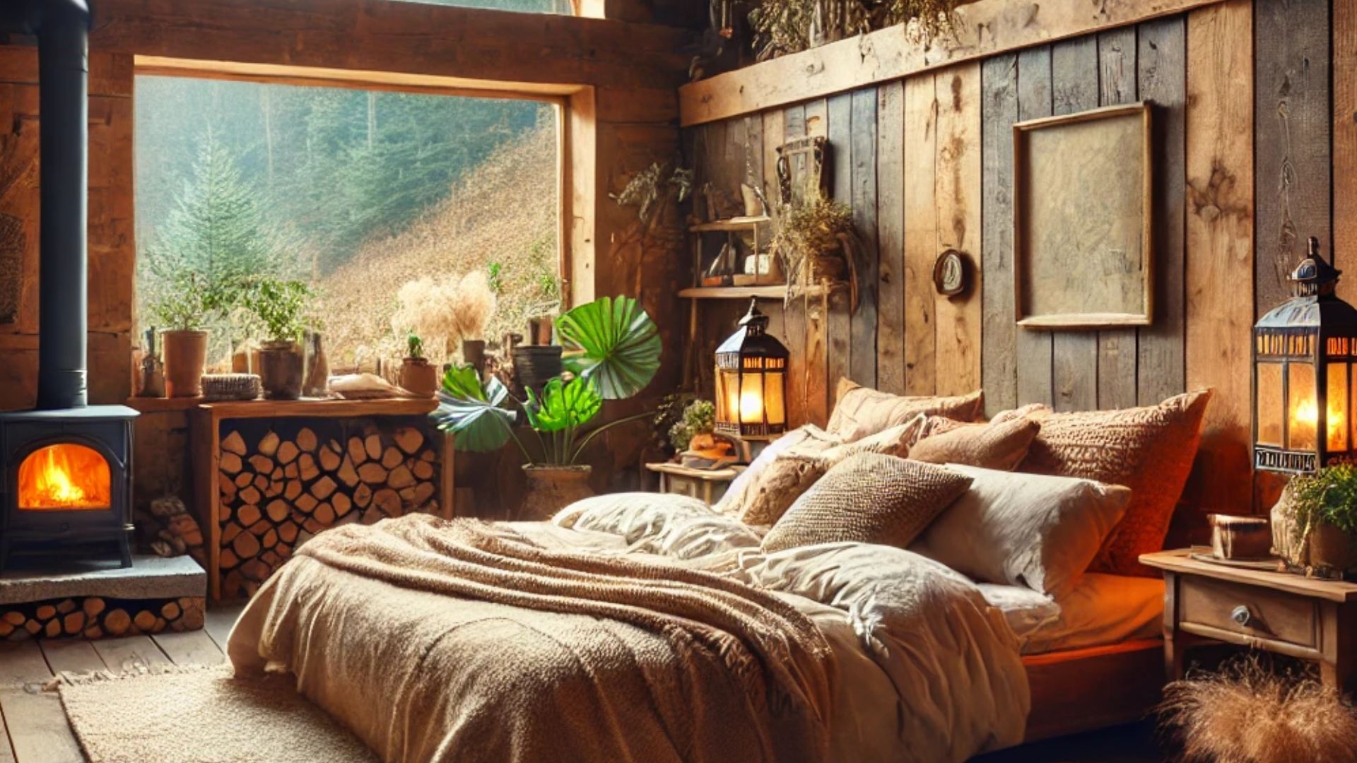 rustic bedroom with a fireplace