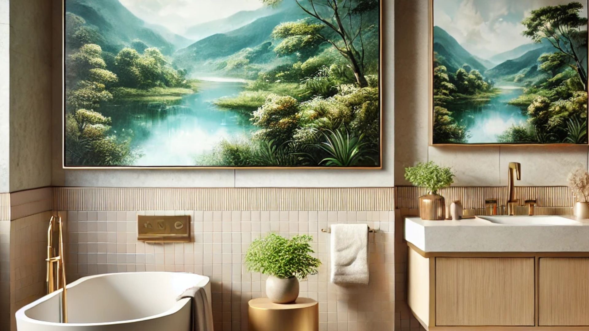 serene landscpe picture in the bathroom