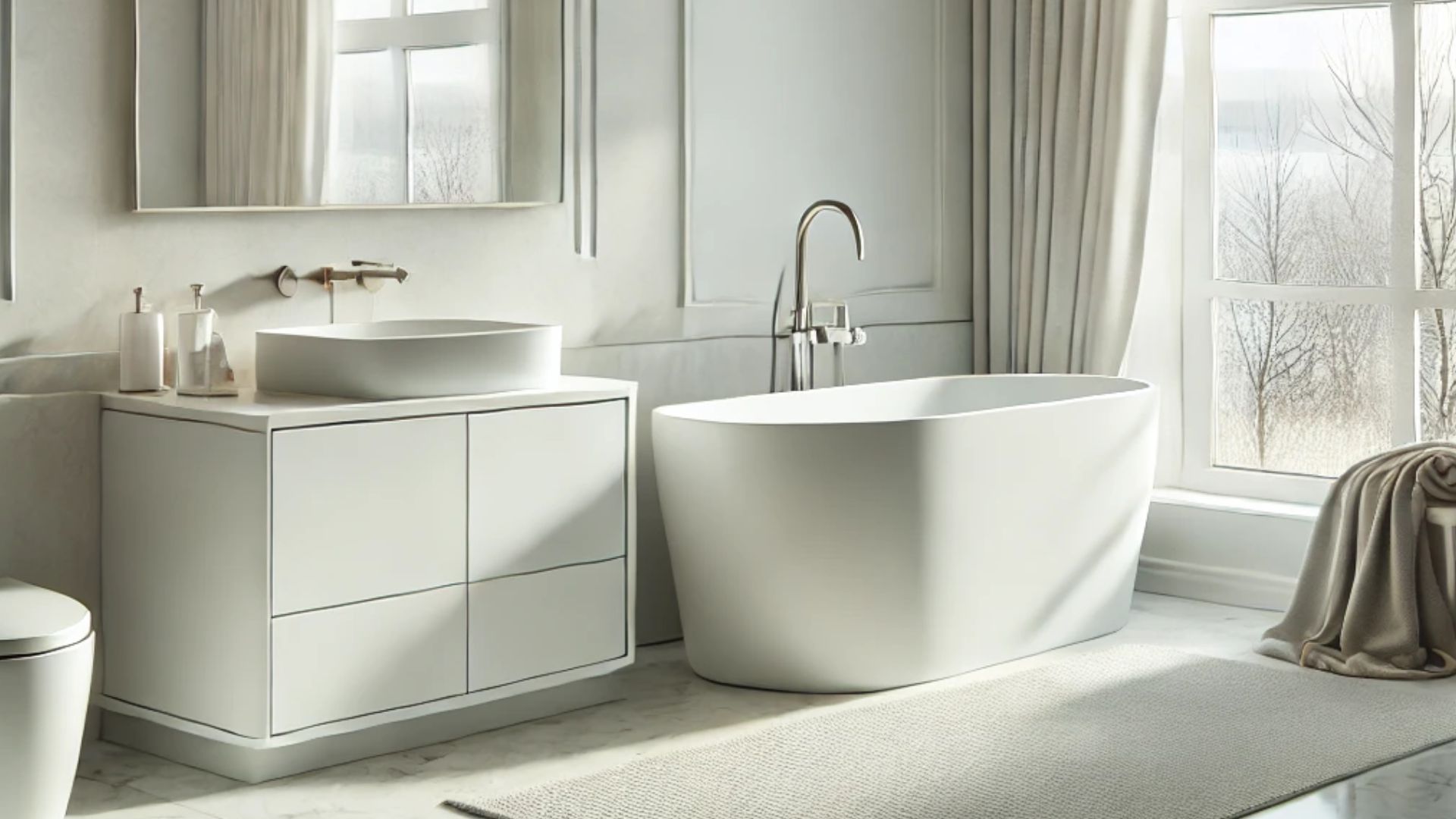 white bathroom with a sleek bath tub