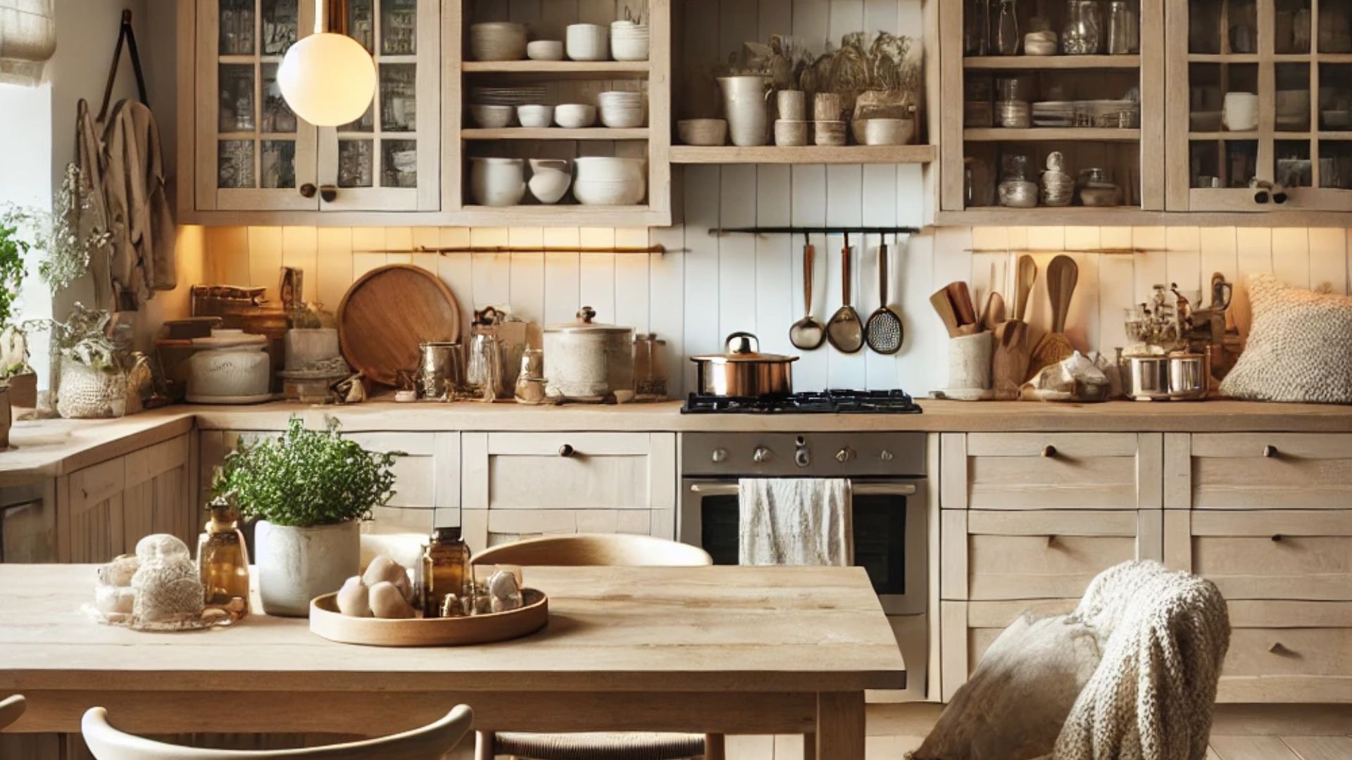 beige scandinavian kitchen with lots of shelves