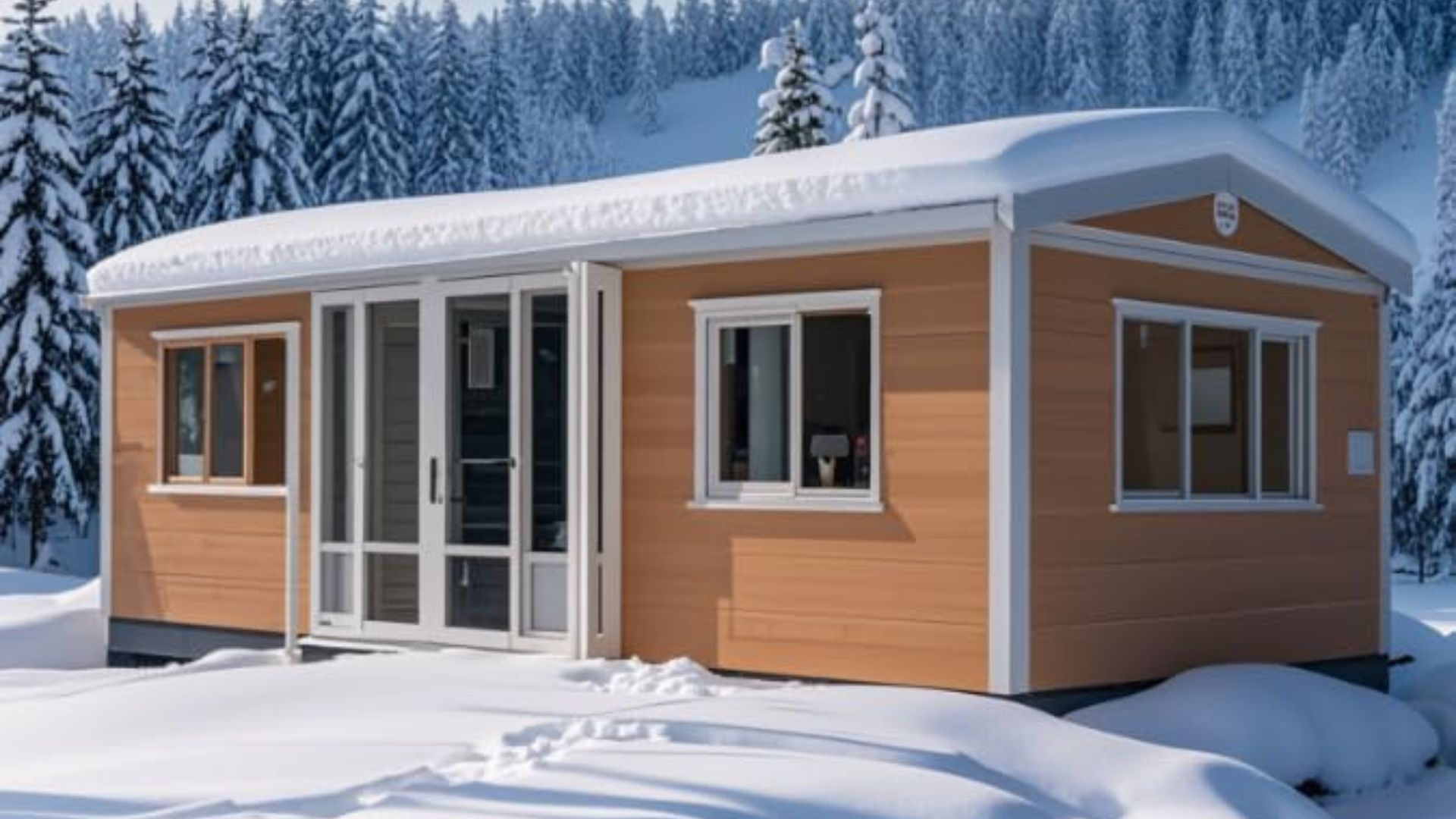 exterior of a tiny cabin like home with wooden walls covered in snow