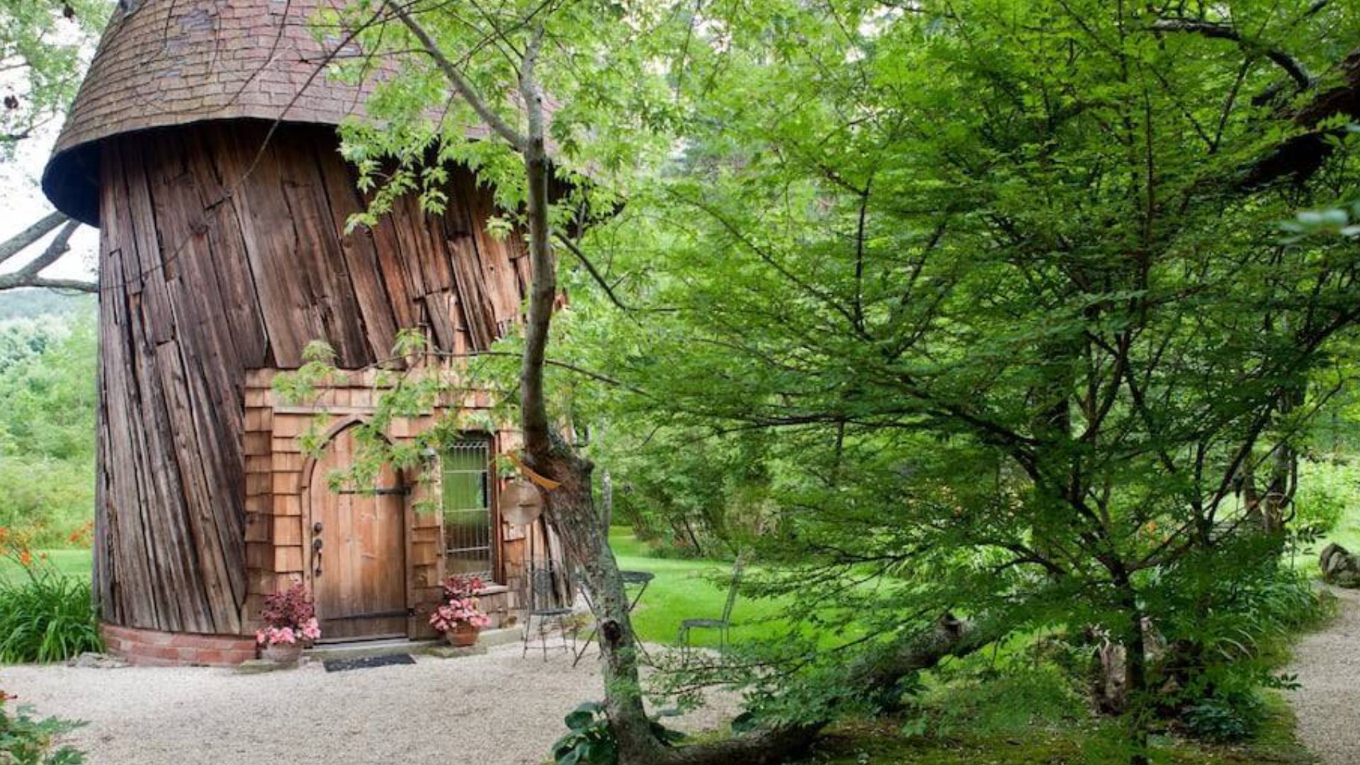 exterior of a magical round cabin