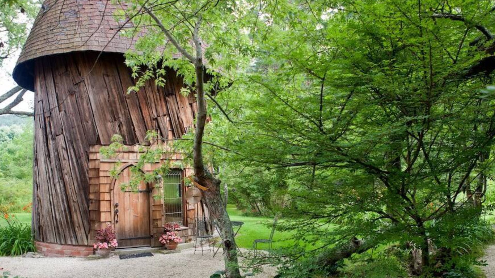 exterior of a magical round cabin