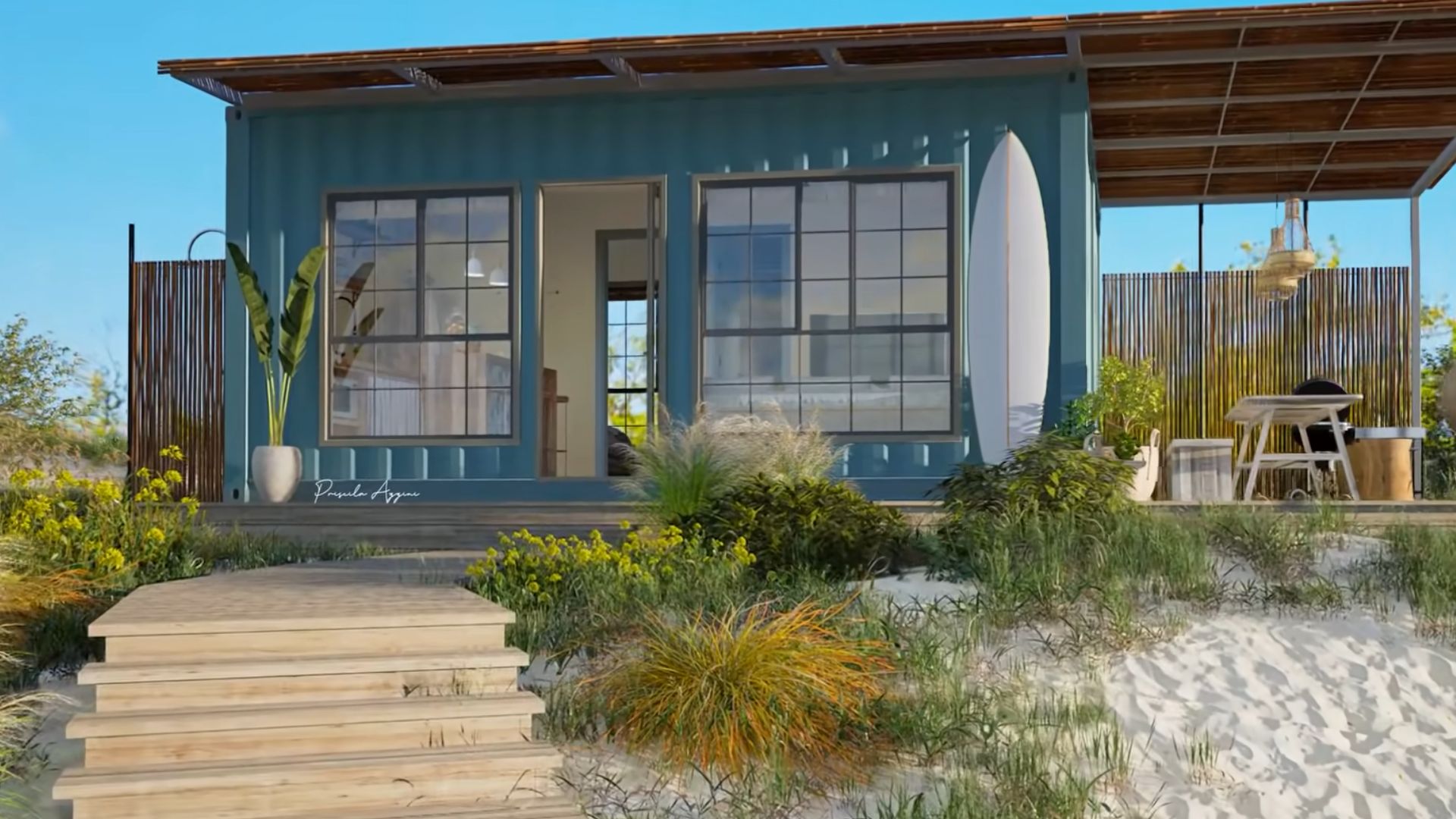 exterior of a container house with big windows at the beach