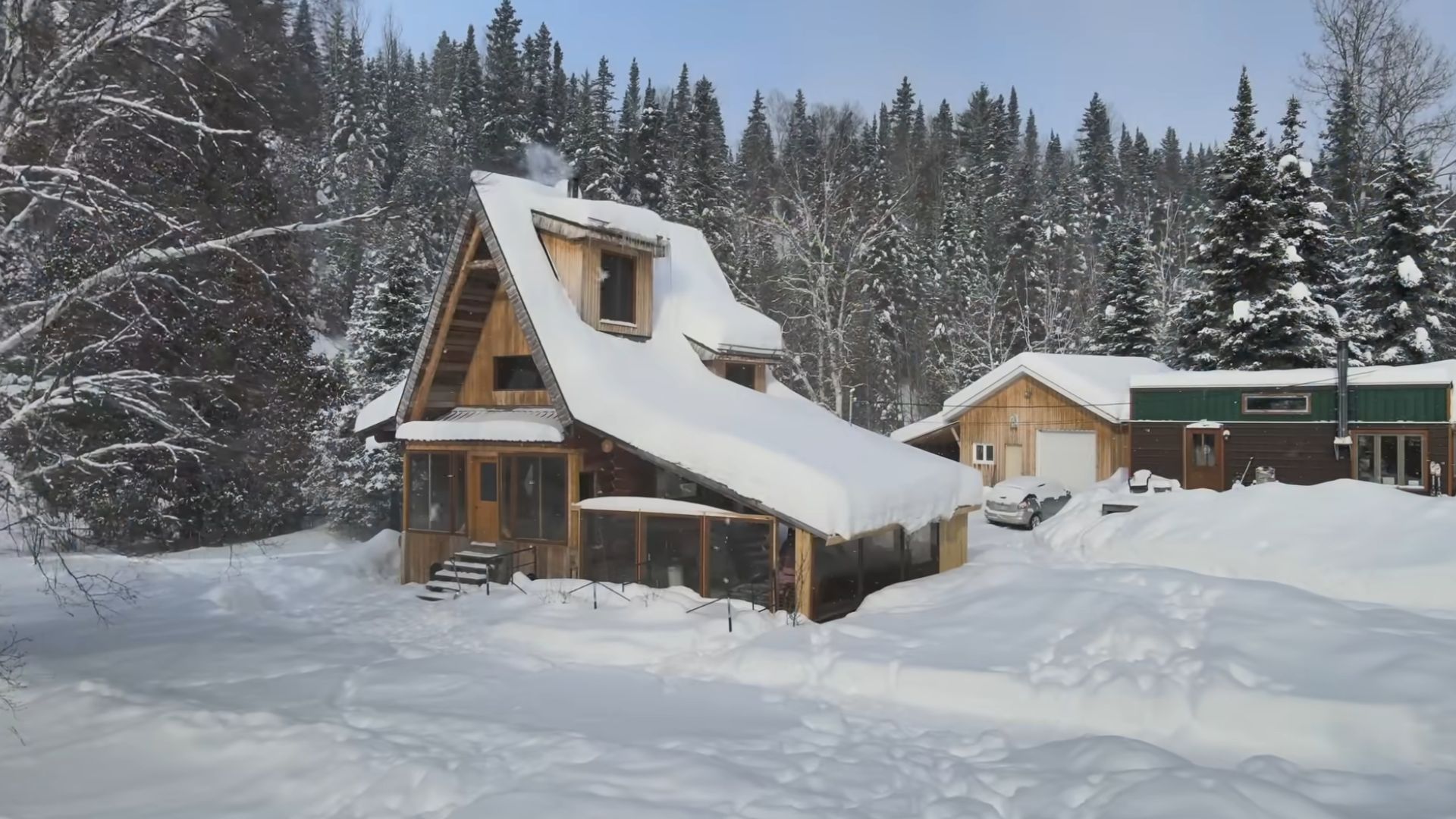 exterior of a diy cabin in snow