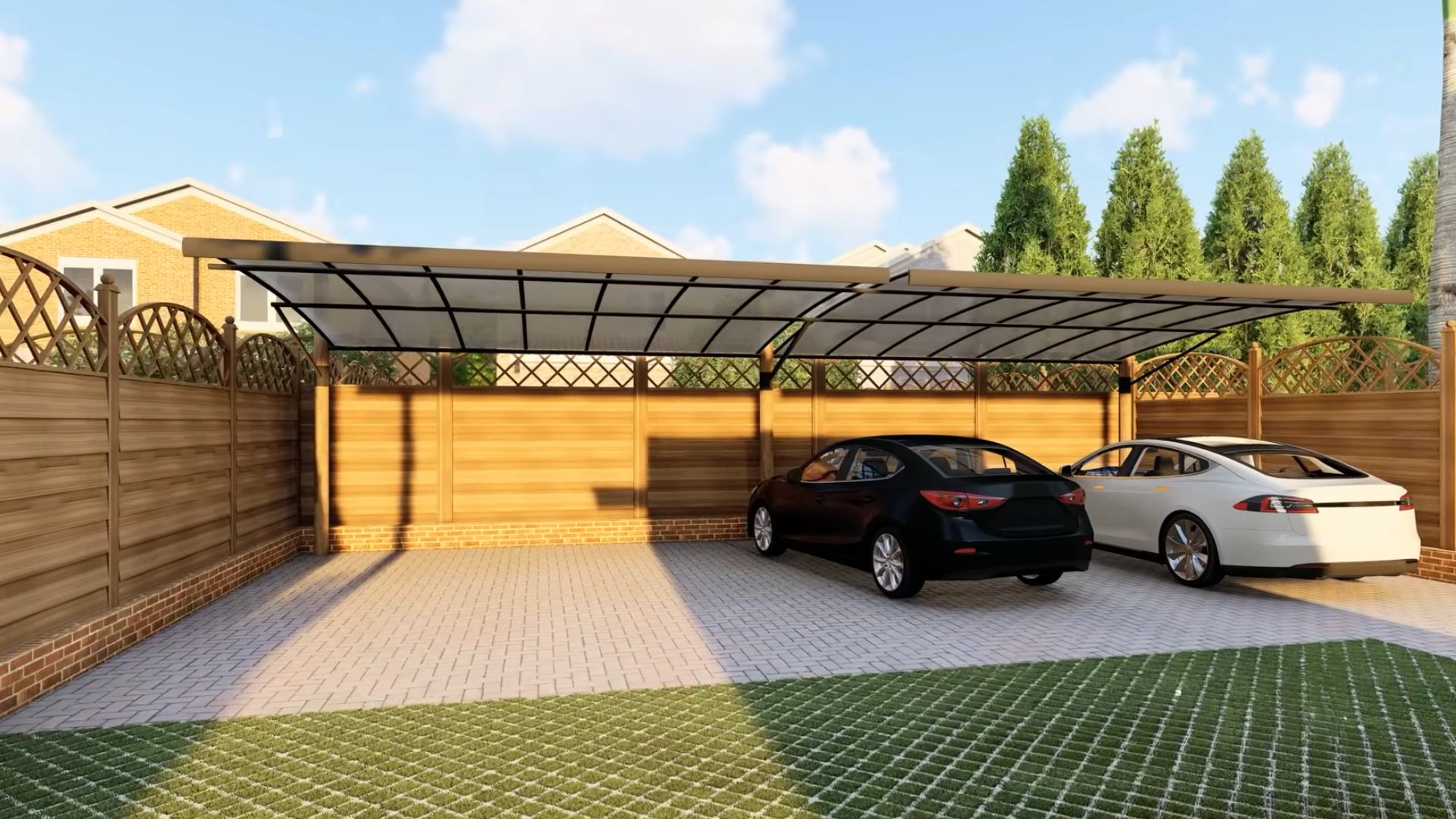 garage in the bacl with two cars