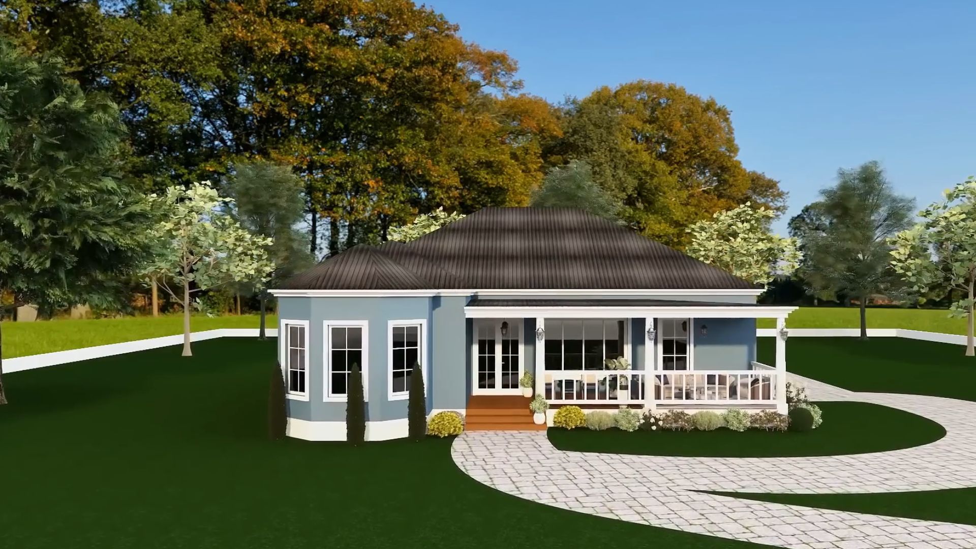 exterior of the blue belle tiny house with a covered porch, grey roof, blue facade, and white trims and frames around the windows and doors