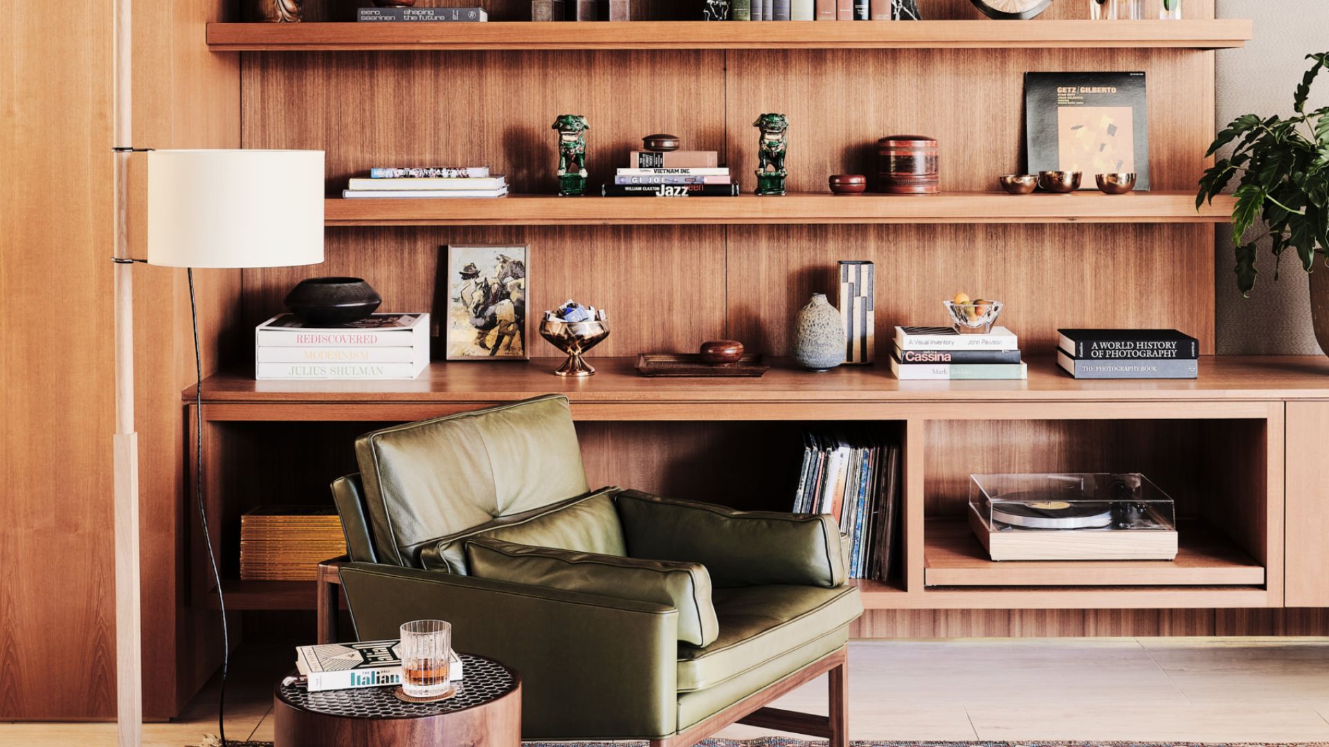 beautiful retro shelf with a green retro armchair