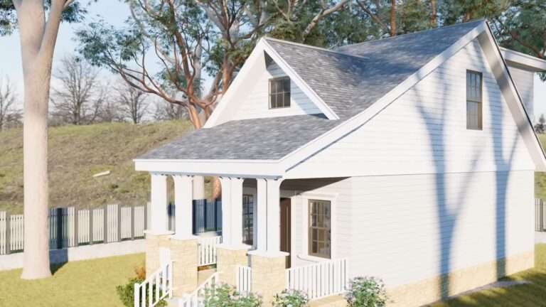 exterior of tiny white house with porch and columns