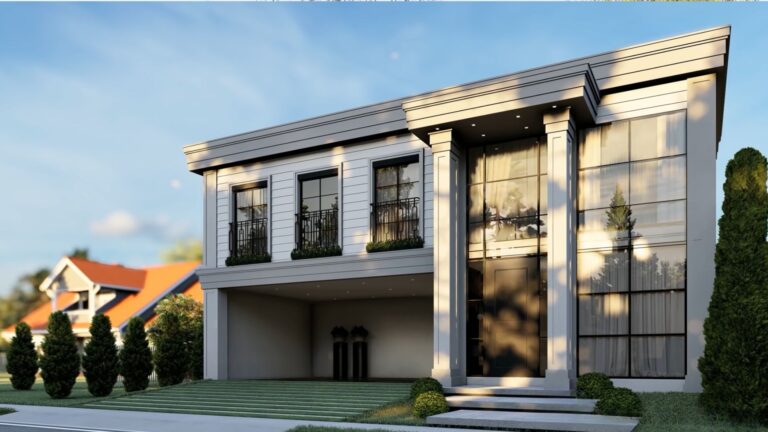 exterior of the modern container house with white facade, a trim, and flat roof
