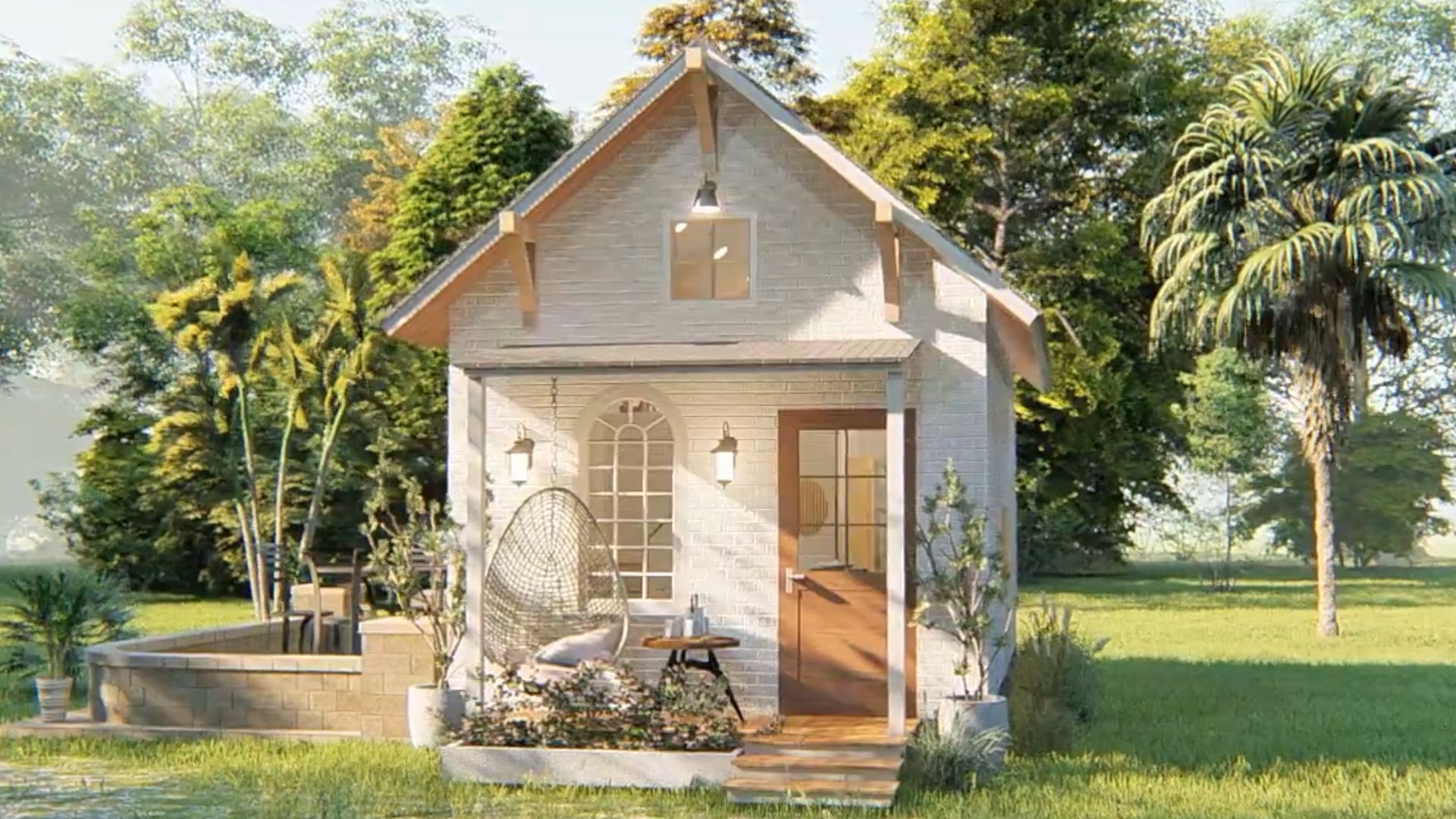 front view of the petite house with white facade a small front porch and a back porch, surrounded by greenery