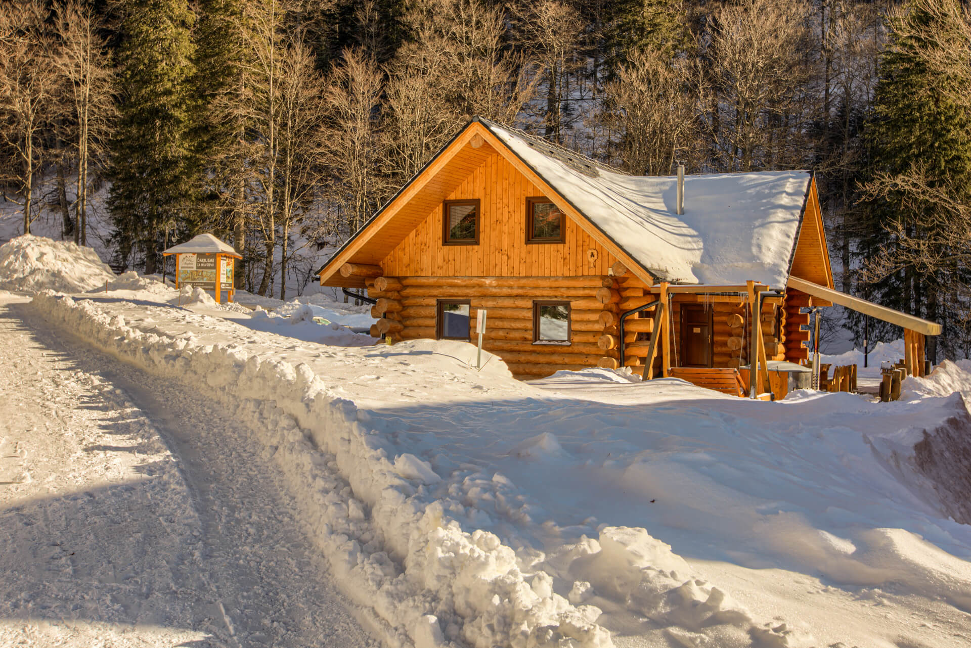 Cozy log cabin covered in snow for the whole family