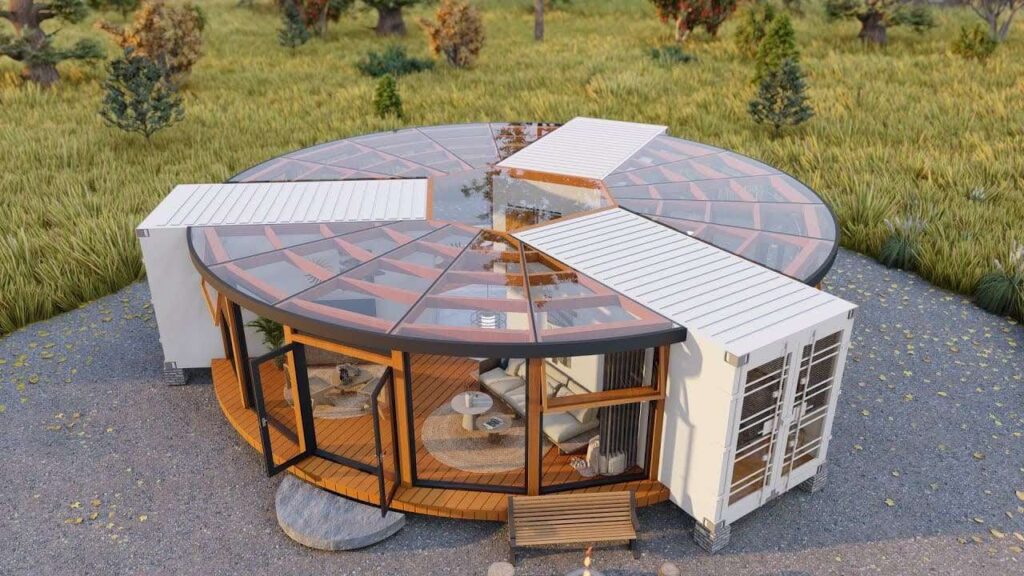 Circle container home with a glass roof