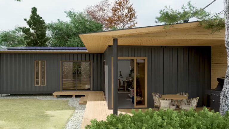 exterior of a cool container house with a patio