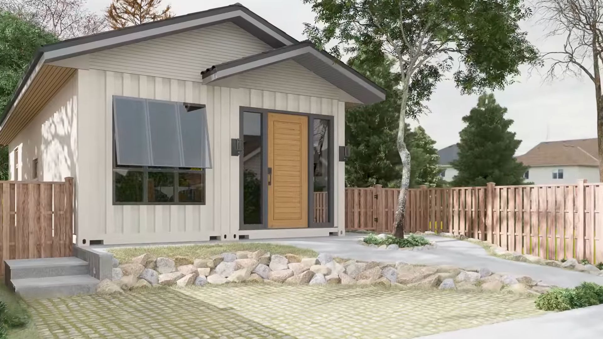 exterior of the container house with a paved lane, big window on the left and a wooden door with glass panels on the side as the entry