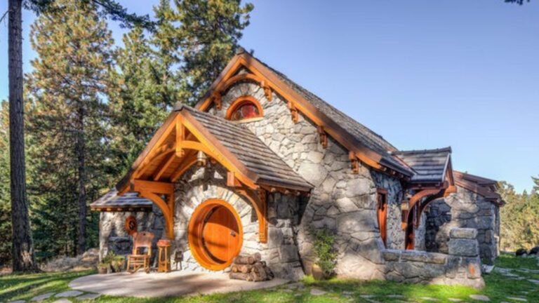 hobbit house with stone facade, wooden beams exposed, round entry door and windows, greenery around it