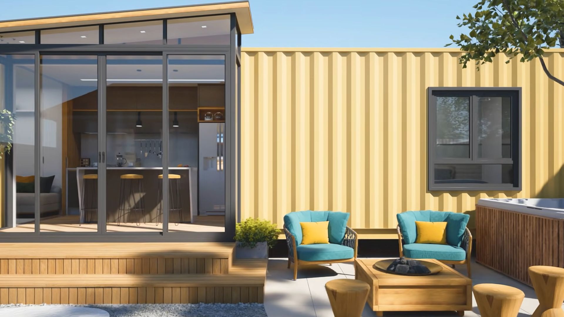 exterior of the container house in bright yellow, black steel frame entrance in glass, lots of plants around