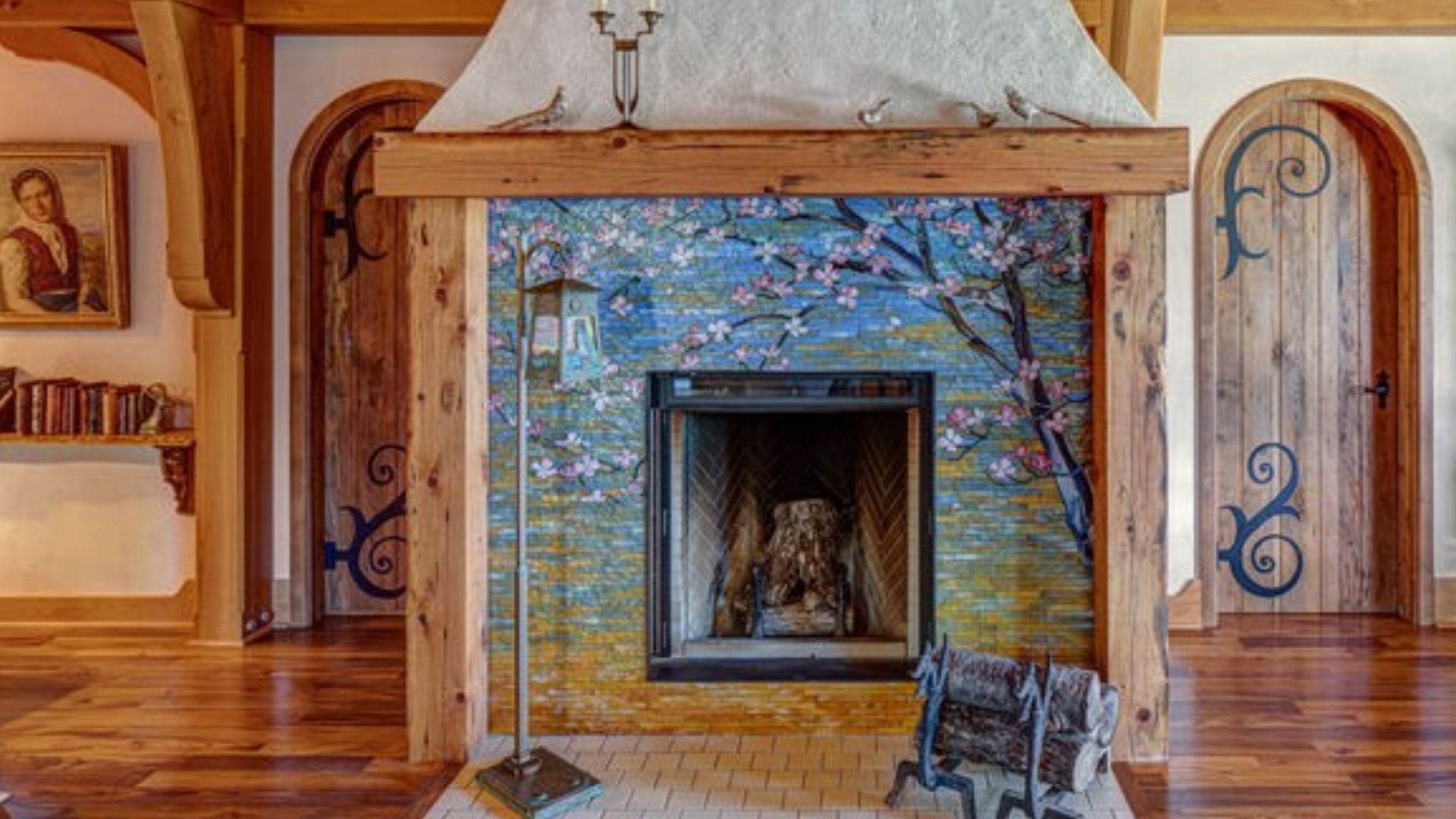 beautiful painted fireplace with blue details