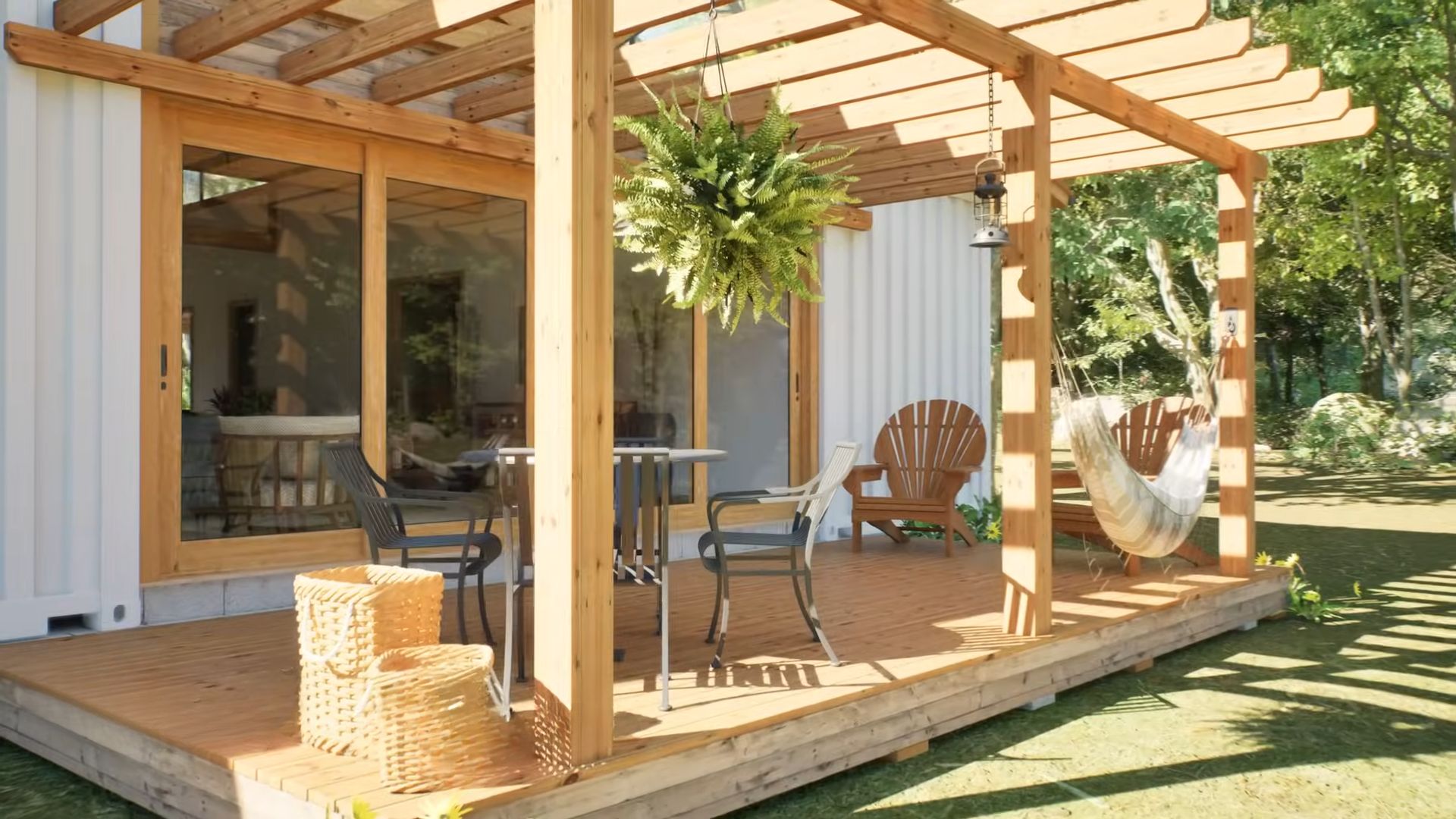 Covered porch with a lounge area and a hammock