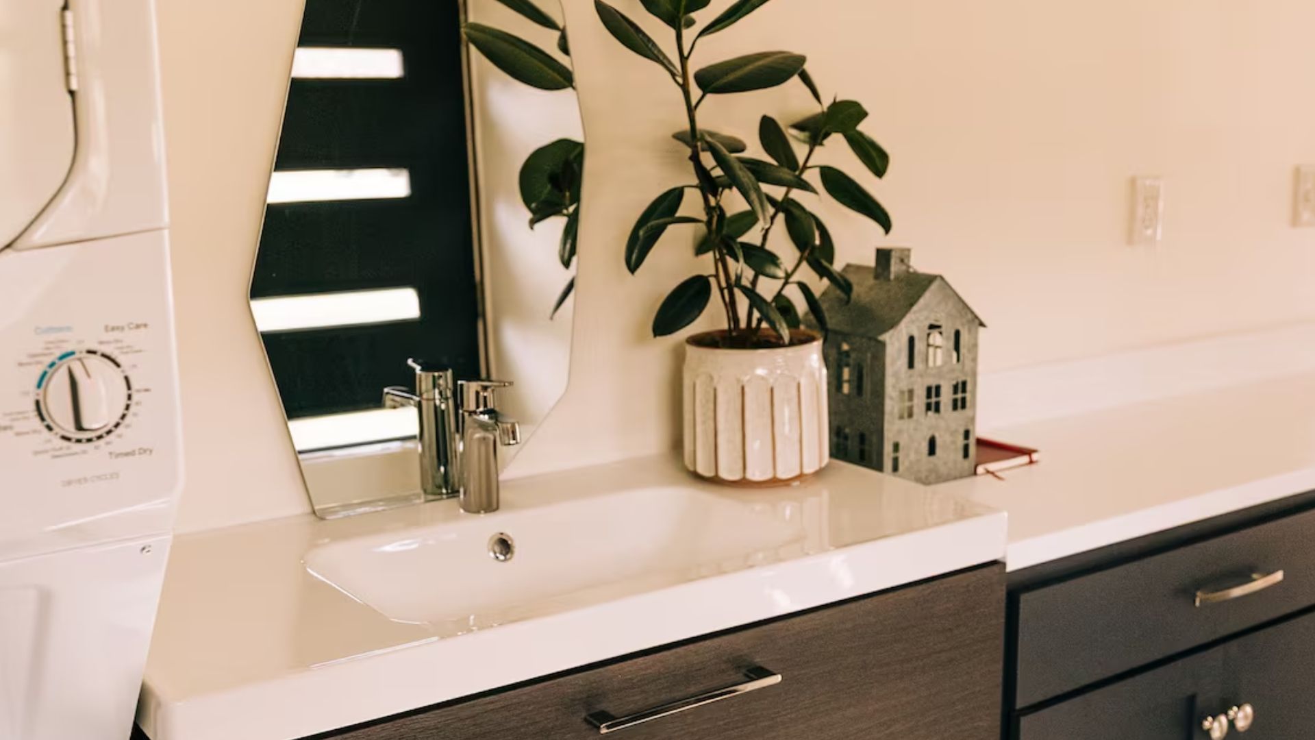 fancy laundry area with some plants and cool cabinets