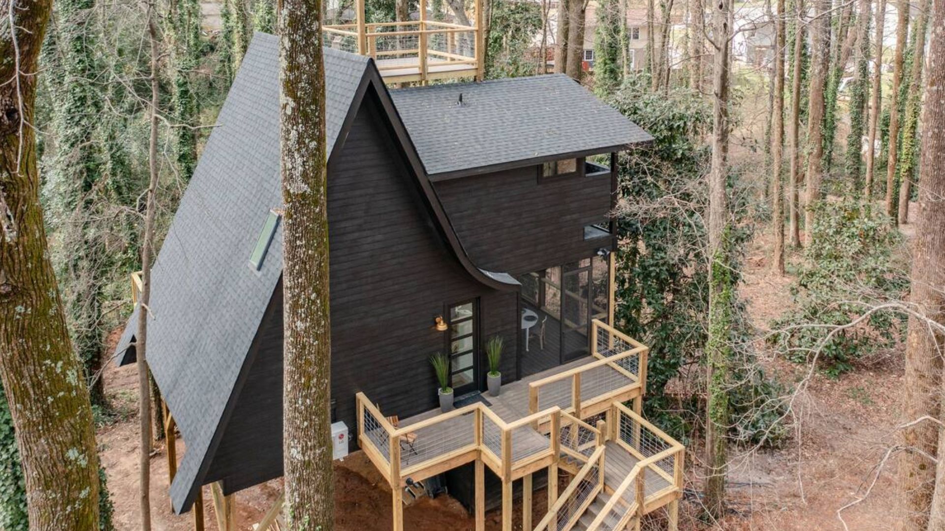 exterior of a treehouse a-cabin