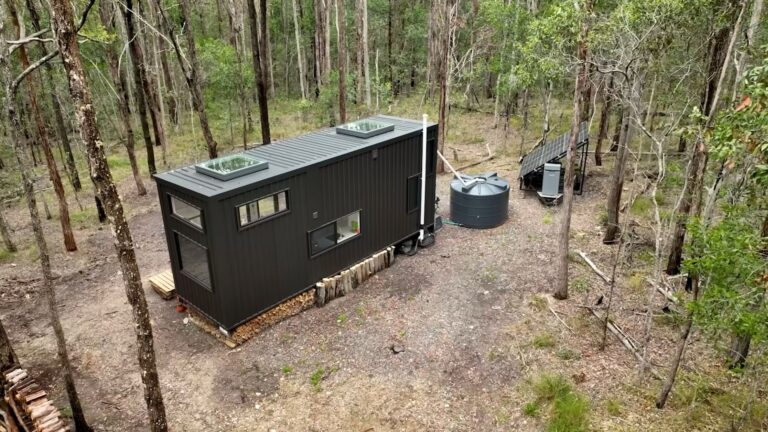 exterior of a tiny house in the woods