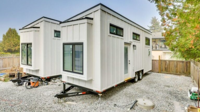 exterior of a white tiny home