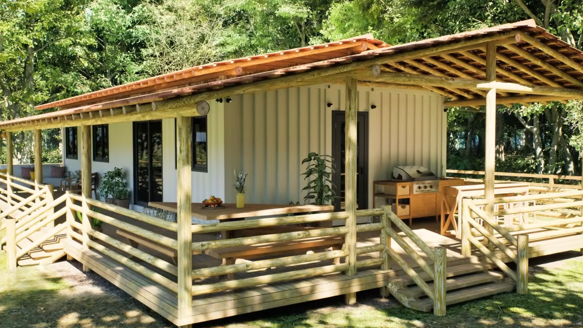 Shipping container home with a covered wrap-around porch