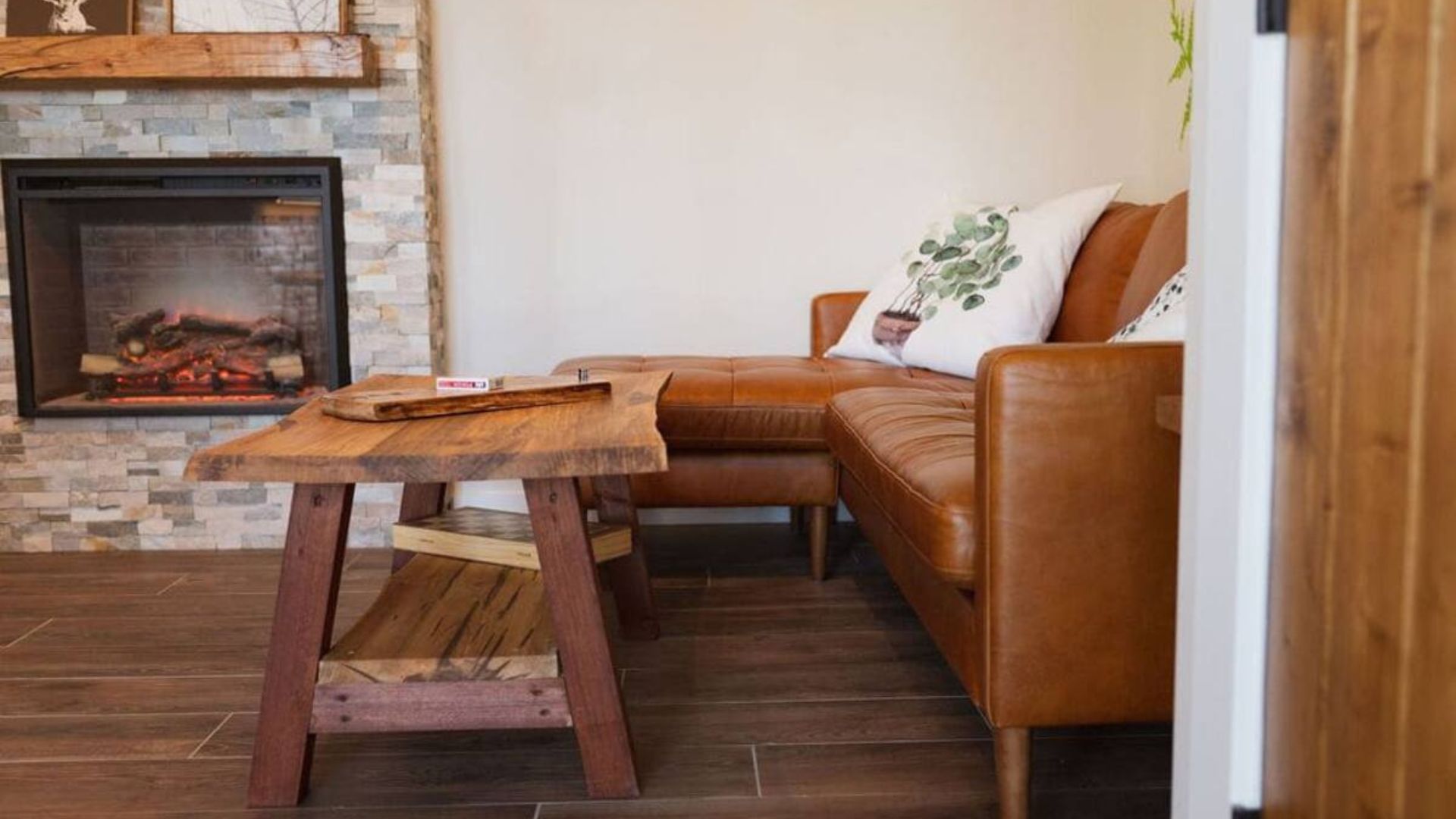 leather furniture inside a hobbit house