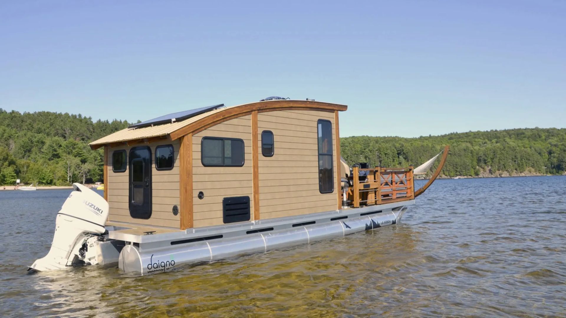 tiny boat home with a deck