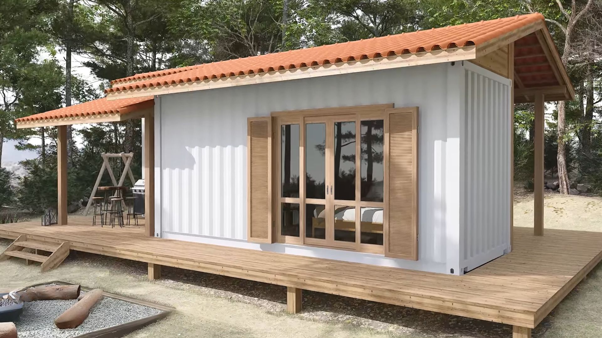 exterior of the container house with a porch and grill, orange roof, exposed wood beams, fire pit in front of it