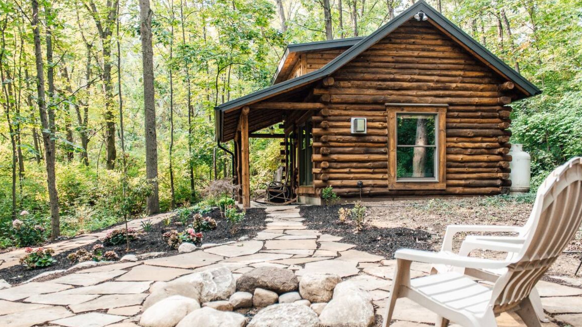 exterior of a cozy lo cabin in the woods