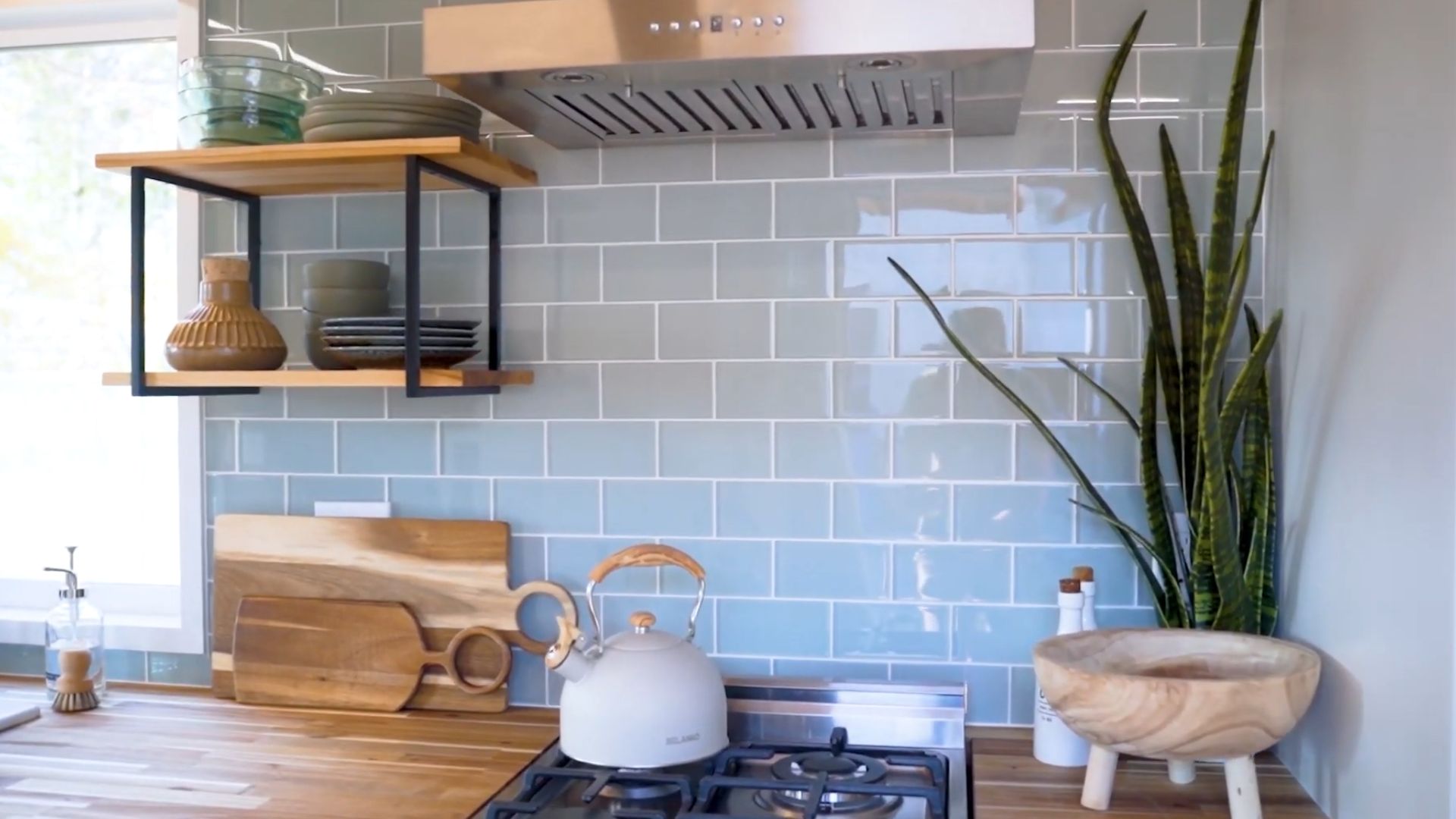 beautiful blue-green metro tiles in the kitchen