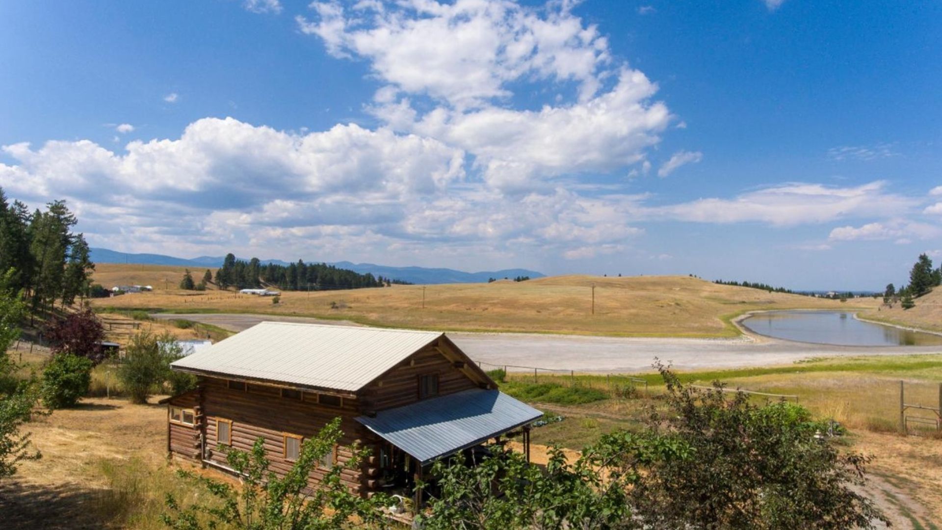 log cabin's surroundings, sunny day